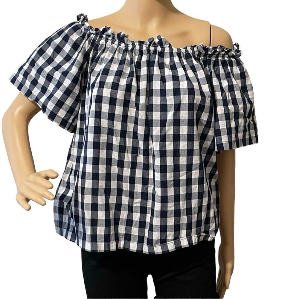 Cavalini Shirt Sleeve Off Shoulder Gingham Checkered Blouse Navy Blue White XL